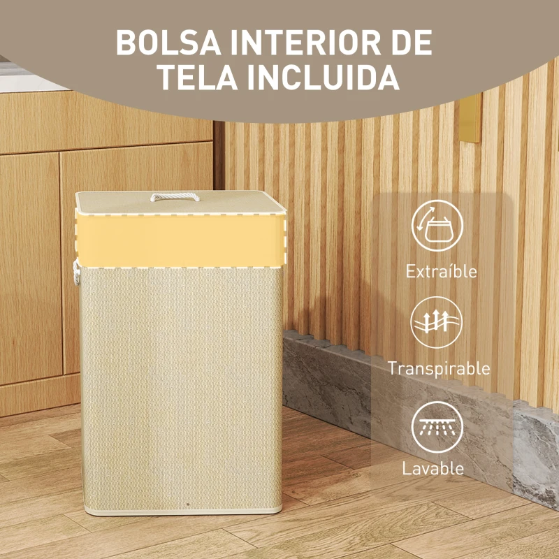 HOMCOM Cesto de Ropa Sucia con Tapa 72L Bolsa Interior Extraíble y Asas para Lavandería Dormitorio 40x30x60 cm Natural