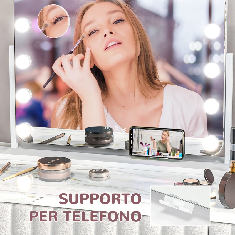 HOMCOM Specchio da Trucco con 14 Luci LED Regolabili e Ricarica USB, in Vetro e Metallo, 62.5x14x49.5 cm, Bianco