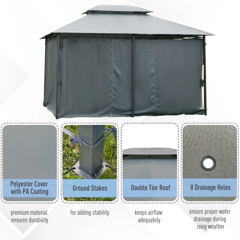 Outsunny 10 x 13ft Outdoor 2 Tier Steel Frame Gazebo with Curtains Black Grey