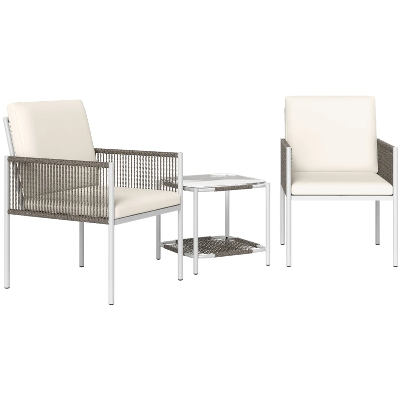 Outsunny Juego de 2 Sillas y Mesa de Ratán con Cojines Acolchados y Encimera de Vidrio para Balcón Terraza Marrón y Crema