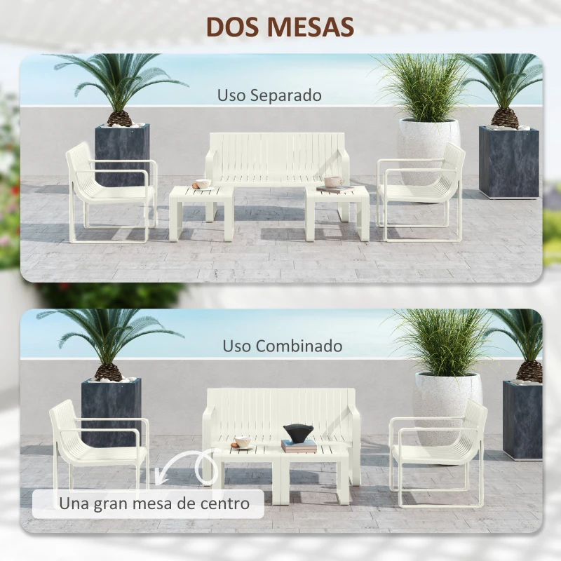 Outsunny Conjunto de Jardín de 5 Piezas con Sofá de 2 Plazas Sillones y Mesas Diseño de Lamas Polipropileno Impermeable Anti-UV