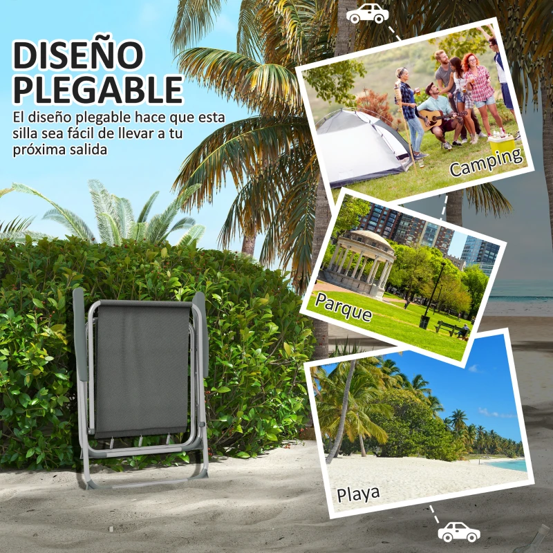 Outsunny Conjunto de 4 Sillas de Camping Plegables con Reposabrazos para Jardín Terraza Carga 120 kg 53x54x76 cm Gris