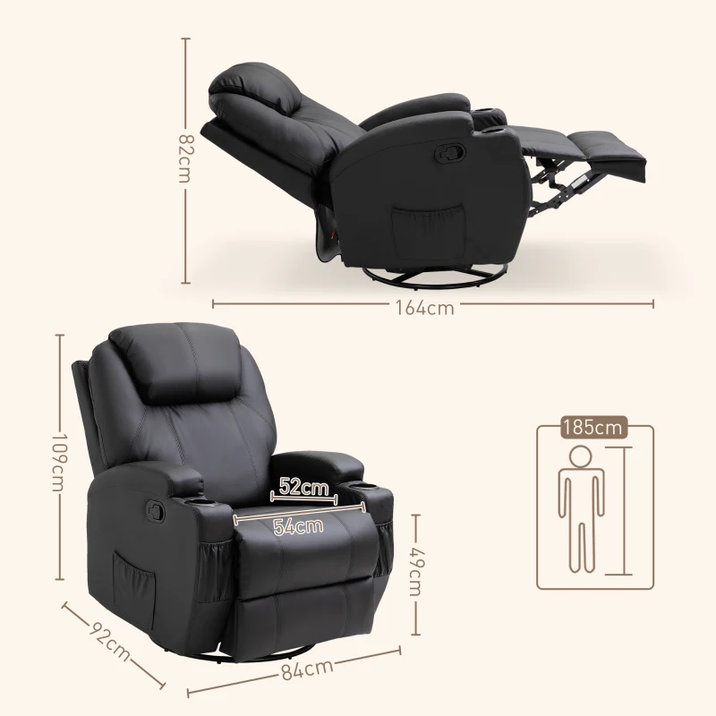 HOMCOM Recliner Chair, Recliner Massage Rocker Chair with 360° Rotate, 165° Reclining Function, Adjustable Footrest, Swivel Armchair Single Sofa for Living Room with Drink Holders, Side Pockets, Black