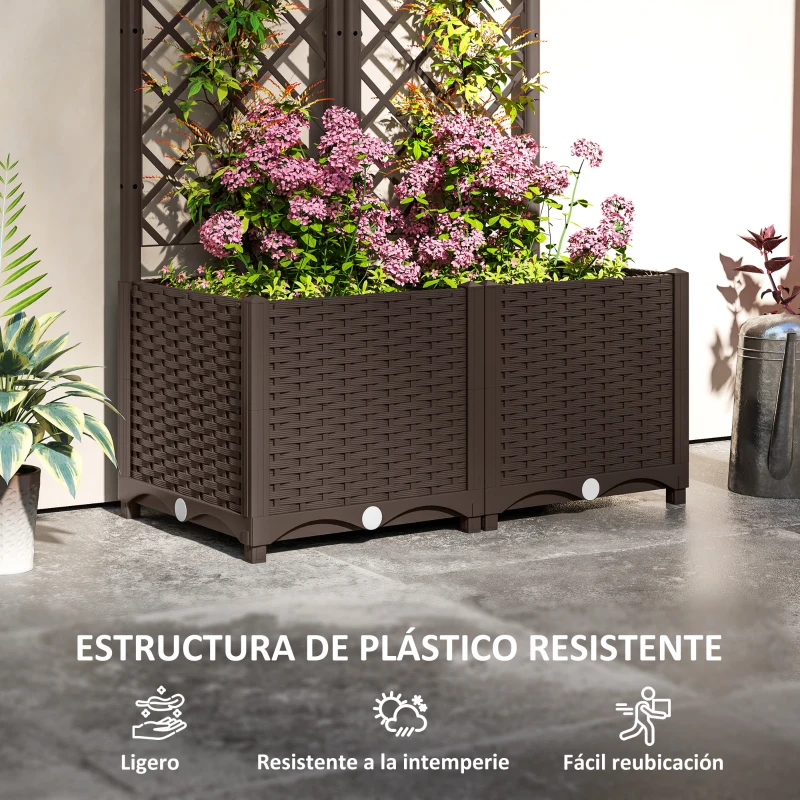 Outsunny Jardinera con Enrejado de Plástico para Plantas Trepadoras con Drenaje y Amplio Espacio de Cultivo 80x40x135 cm Marrón