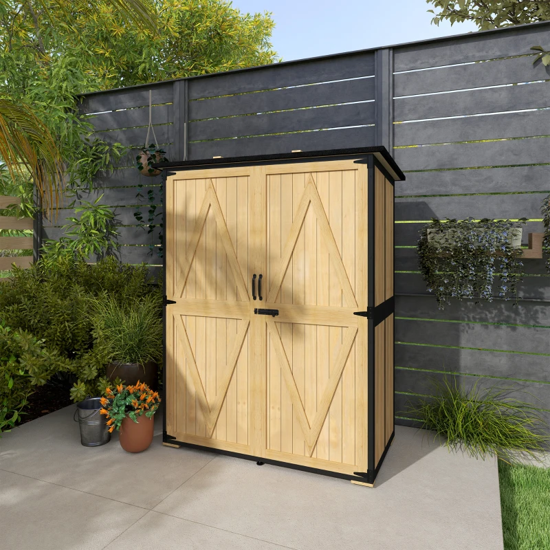Outsunny Houten en Stalen Tuinkast, Buiten Gereedschapskast met Asfaltdak, 2 Planken, Afsluitbare Deuren, Natuurhout(m-9)