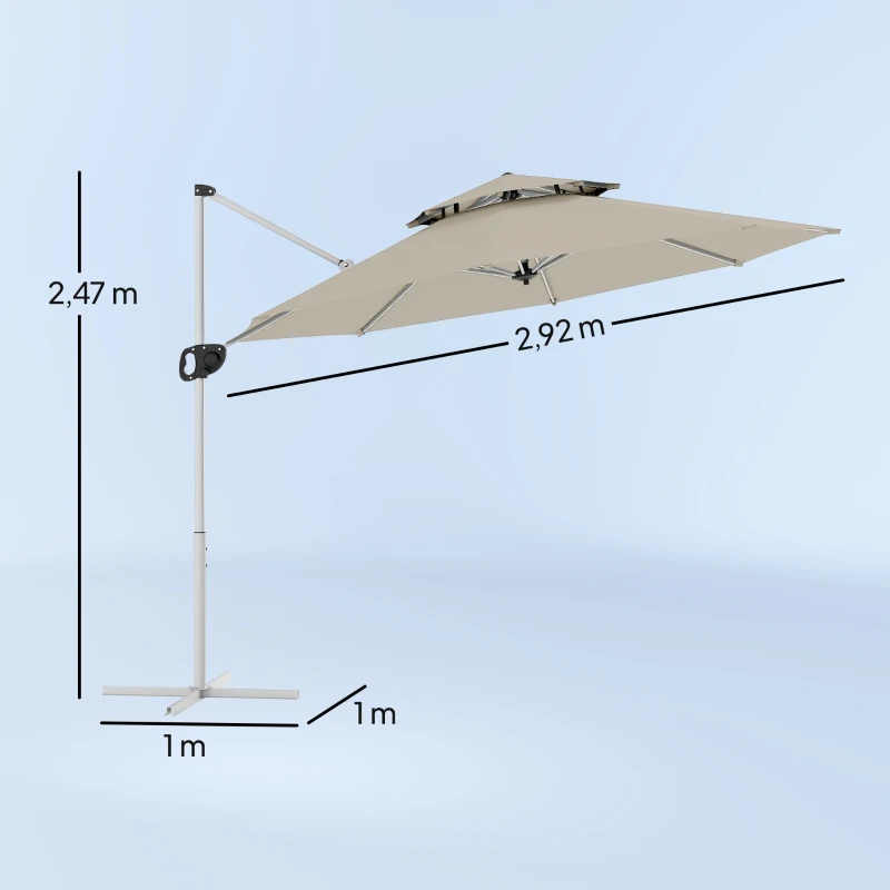Outsunny Parasol Excéntrico Ø292 cm con Manivela Giro 360° Inclinación Ajustable Doble Techo y Base Cruzada Gris Claro