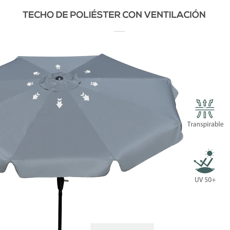Outsunny Parasol de Jardín de Aluminio Ø266x250 cm con Ángulo Ajustable Protección UV50+ Techo de Ventilación y Manivela Gris