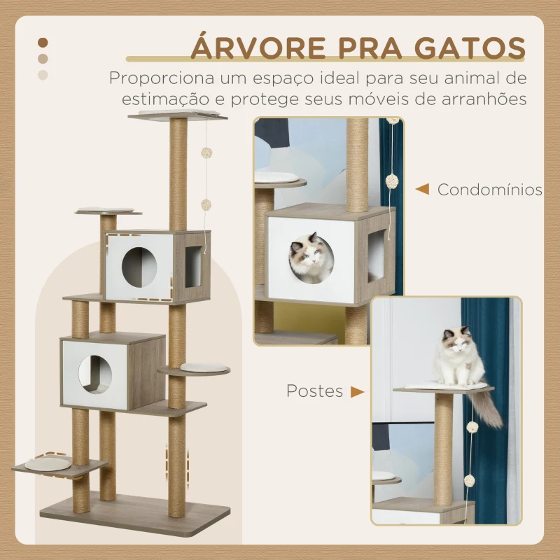 PawHut Árvore Arranhador de escalada para gatos Altura de 177 cm com Plataformas Cavernas Almofada macia brinquedo de suspensão Postes de juta Branco e cinza claro