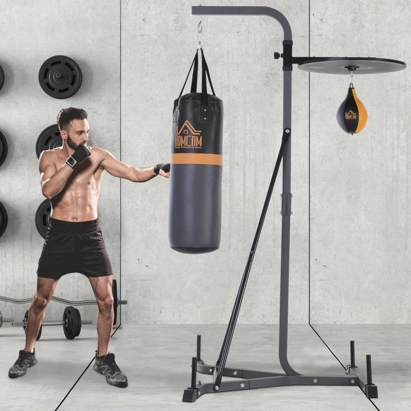 HOMCOM 2-in-1 Boxsackständer max. Tragkraft 100 kg, drehbar Boxsackhalterung aus Stahl mit 20kg Boxsack Punchingball, stehend höhenverstellbar Boxsackhalter, für Indoor Fitness Training, Schwarz