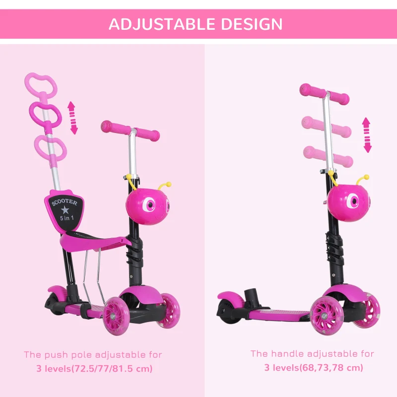 HOMCOM Adjustable Kids Toddler Scooter, with Removable Seat, Back Handle, Pink