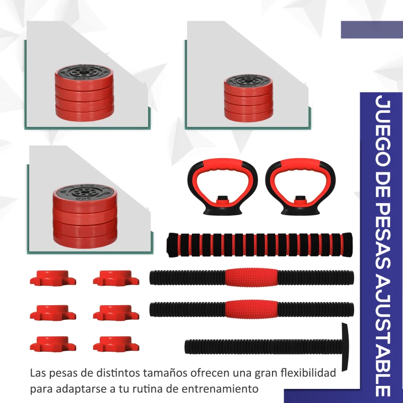 SPORTNOW Kit de Gimnasio 4 en 1 con Barra de Pesas Mancuernas Kettlebell para Entrenamiento de Fuerza en Casa Color Rojo y Negro