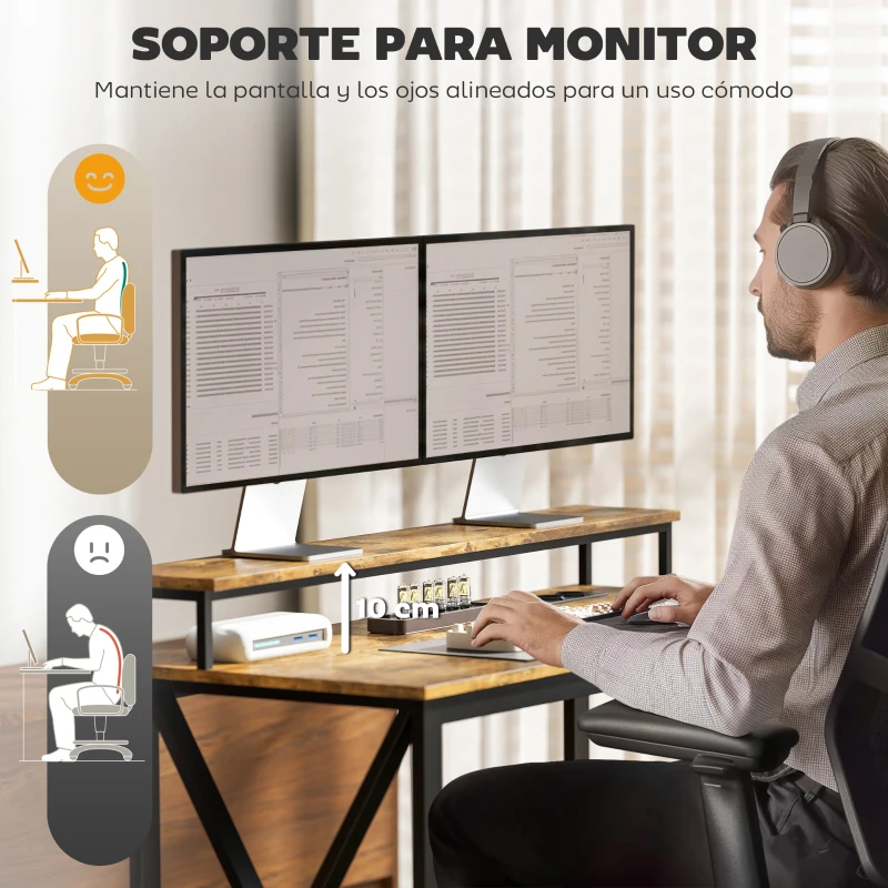 HOMCOM Escritorio Industrial con Luces LED y Estación de Carga con Patas Ajustables y Soporte en X 130x110x91 cm Madera Rústica