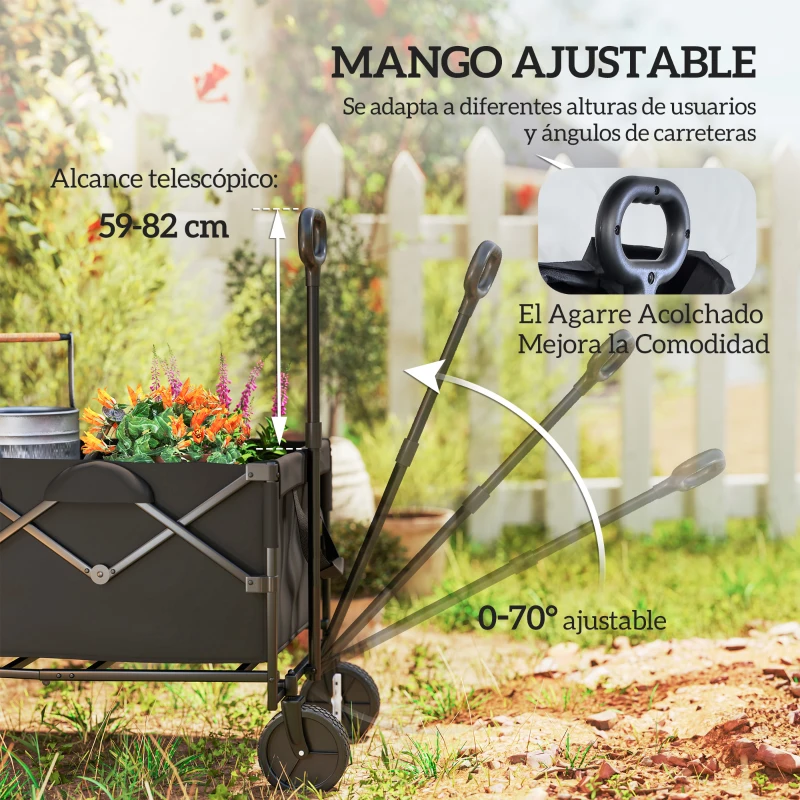 Outsunny Carrito de Jardín Plegable con Ruedas Grandes Mango Ajustable Puerta Trasera Expandible Carga 100 kg para Campaña Negro