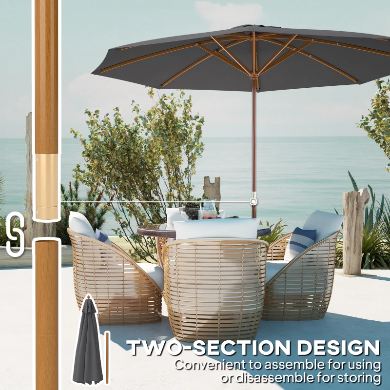 Outsunny 3m Wood Pole Parasol Umbrella - Grey