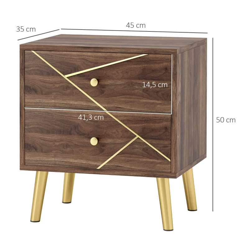 HOMCOM Mesa de Noche Mesita de Noche con 2 Cajones Tiradores Dorados Patas de Acero 45x35x50 cm Grano de Madera Marrón