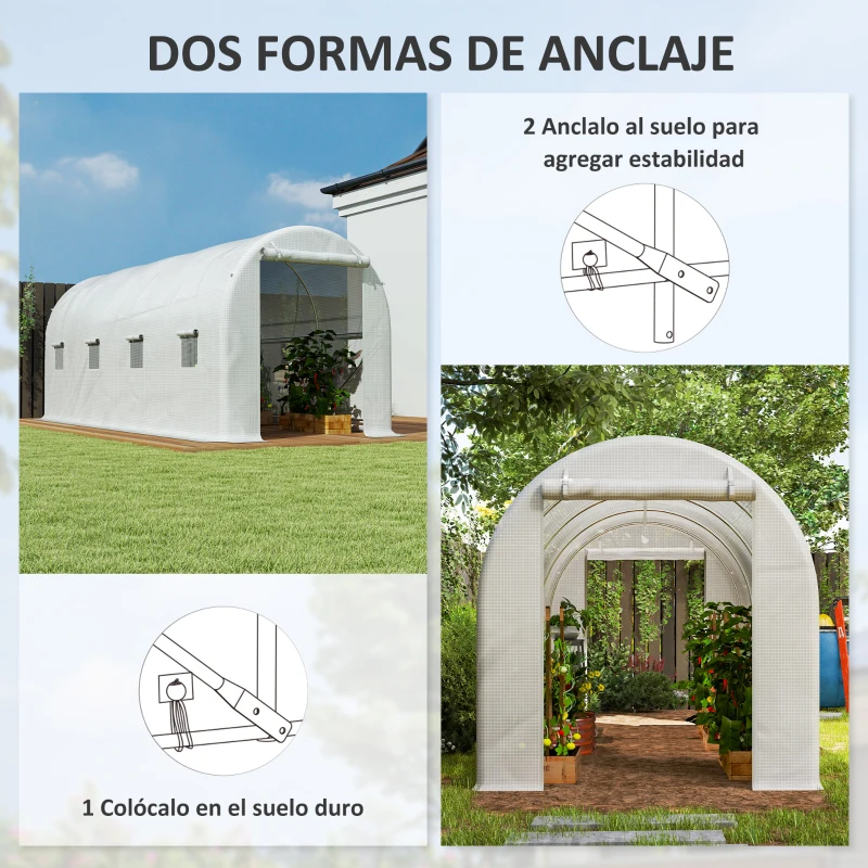 Outsunny Invernadero de Túnel 500x200x205 cm Invernadero de Jardín con Puerta Enrollable y 8 Ventanas Cubierta PE 140 g/m² Blanco