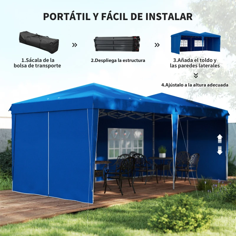 Outsunny Carpa de Jardín Plegable 6x3 m con Paredes Laterales Altura Ajustable Protección UV30+ Bolsa de Transporte Azul