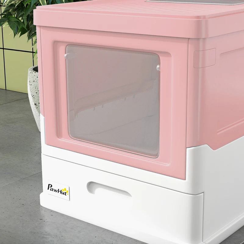 PawHut Arenero Cubierto para Gatos Desmontable con Entrada Frontal y Salida Superior con Pala 47,5x35,5x36,7 cm Rosa y Blanco