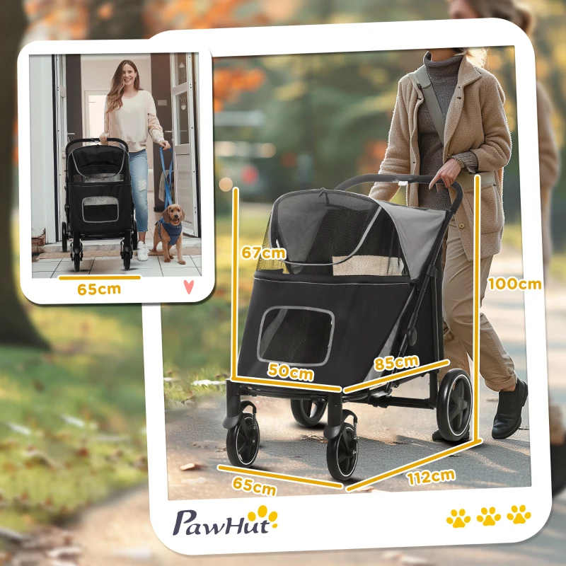 PawHut Cochecito Plegable para Perros Carrito de Mascotas con Ventanas de Malla Correas de Seguridad 112x65x100 cm Gris y Negro