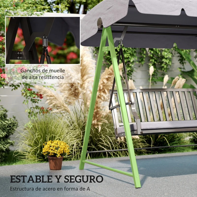 Outsunny Columpio de Jardín de 3 Plazas con Toldo Ajustable Cojín y Estructura de Acero Carga 360 kg 205x133x181 cm Gris