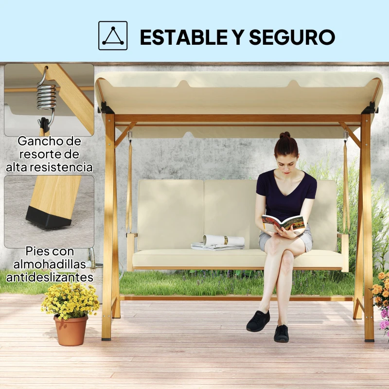 Outsunny Columpio de Jardín con Toldo Ajustable para Tres Personas Estructura Metálica y Cojines 195x120x170 cm Beige