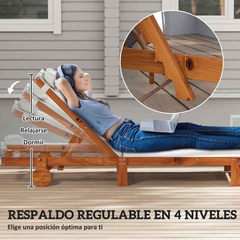 Outsunny Tumbona Reclinable de Madera con Ruedas Respaldo Ajustable y Cojín para Patio Terraza Balcón 200x84x101 cm Blanco y Teca