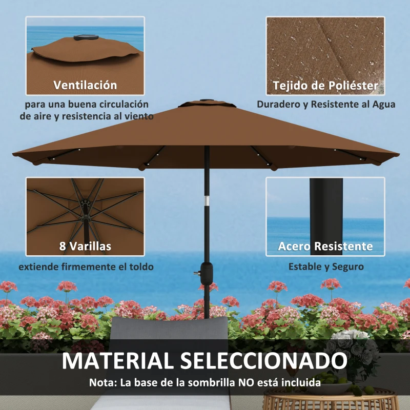 Outsunny Sombrilla de Jardín Ø265 cm con 32 Luces LED Solares Manivela y Poste de Acero para Patio Terraza Marrón