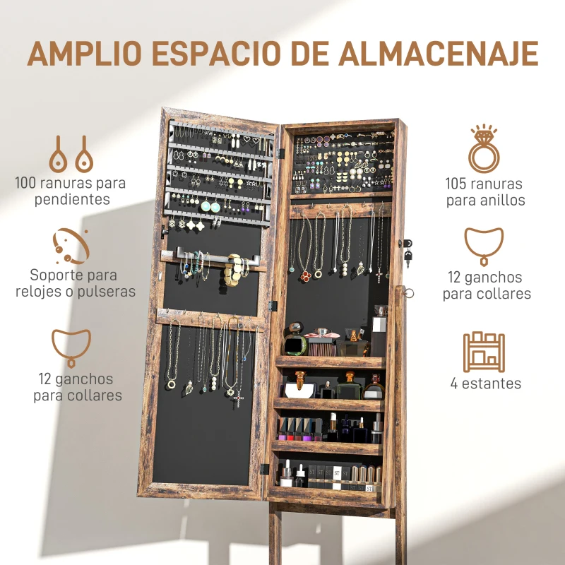 HOMCOM Espejo Joyero de Pie con Ángulo Ajustable y Ranuras para Pendientes Anillos y Collares 46x36,5x151,5 cm Marrón Rústico
