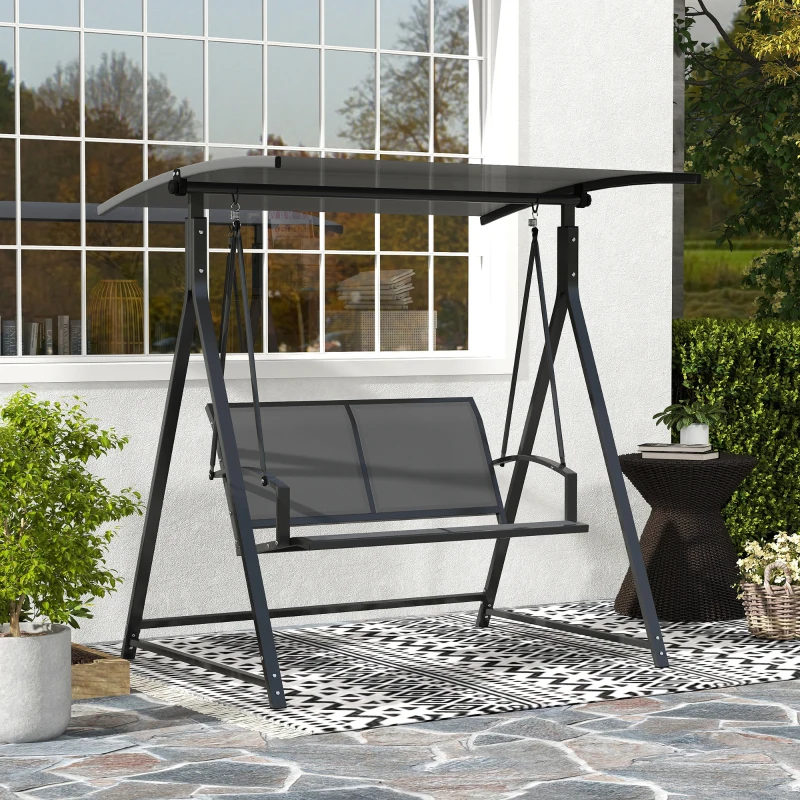 Outsunny Columpio de Jardín de 2 Plazas con Toldo Ajustable y Estructura Triangular de Metal Carga 220 kg 160x112x162 cm Gris