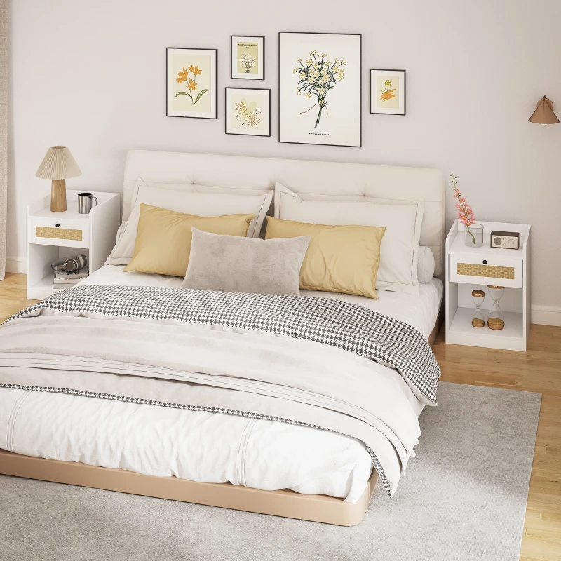 HOMCOM Conjunto de 2 Mesas de Cabeceira Mesas de Cabeceira para Dormitório com Gaveta em Vime 40x40x53 cm Branco