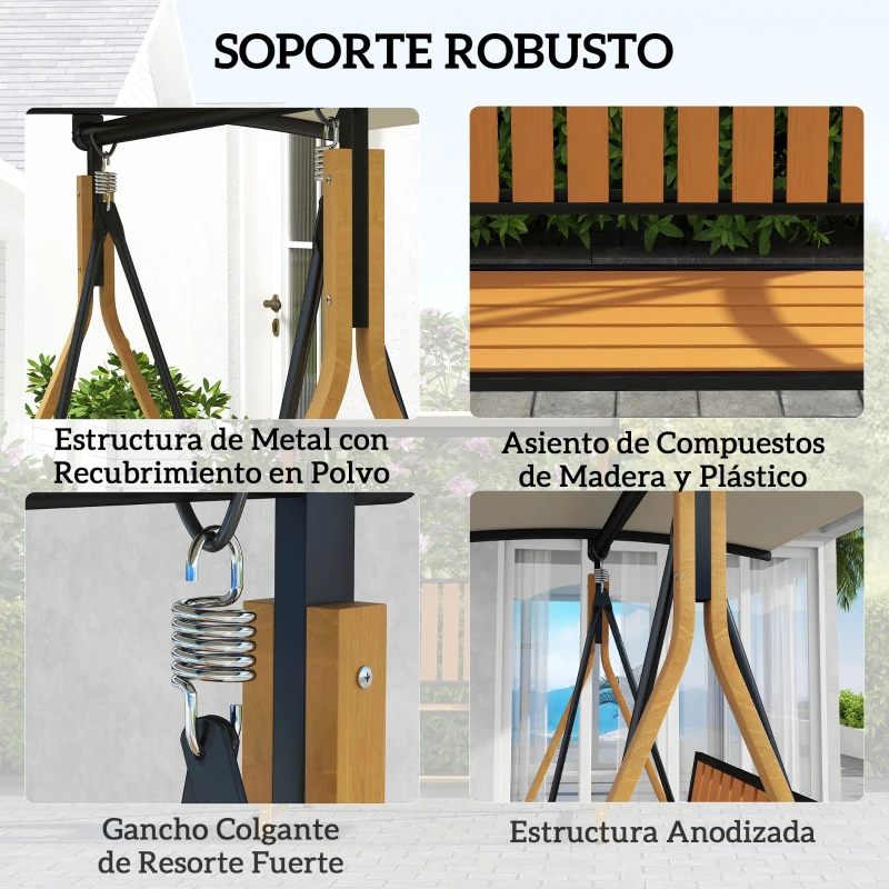 Outsunny Balancín de Jardín Exterior de 2 Plazas con Toldo Ajustable y Estructura de Metal 142x112x162 cm Madera Natural y Beige