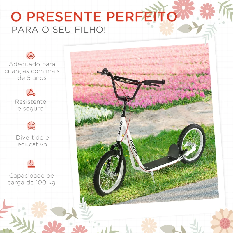 HOMCOM Trotinete com Guiador Ajustável 2 Pneus de Borracha Insufláveis com Travagem Dupla e Rodas 16" 139x58x90-96 cm Branco