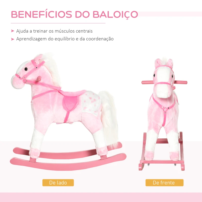 HOMCOM Cavalo Baloiço de Pelúcia para Crianças entre 3-6 Anos com Sons de Relincho 74x28x65 cm Rosa