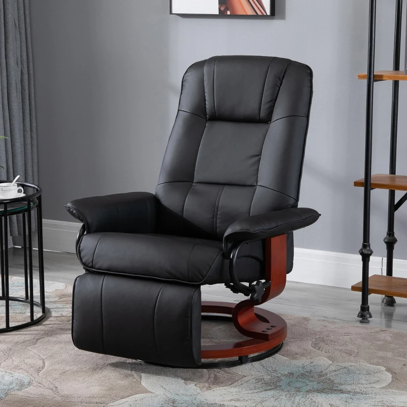 HOMCOM Fauteuil relax inclinable fauteuil de salon repose-pieds réglable pivotant 360° piètement bois revêtement synthétique noir(m-2)