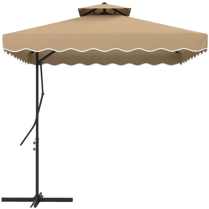 Outsunny Parasol déporté carré pour jardin avec pied en croix, poignée, lambrequin, double toit, 243L x 243l x 251H cm, kaki