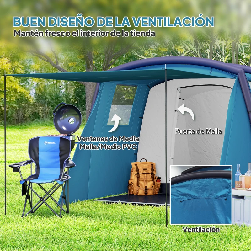 Outsunny Tienda de Campaña Inflable Tipo Túnel para 3-6 Personas con Vestíbulo Ventanas de Malla y Bolsa Impermeable Azul