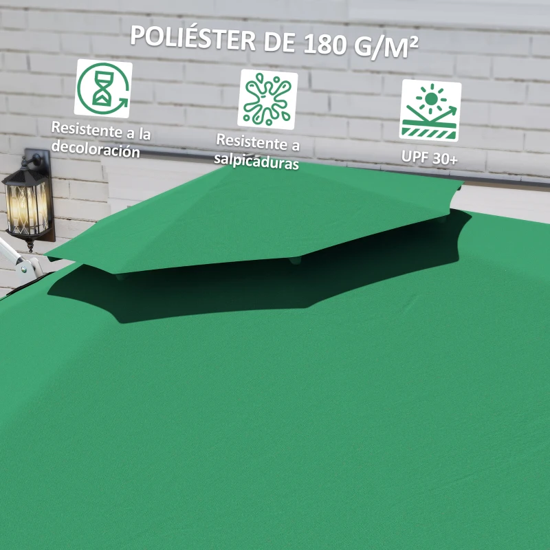 Outsunny Parasol Excéntrico Ø292 cm con Manivela Giro 360° Inclinación Ajustable Doble Techo y Base Cruzada Verde Oscuro