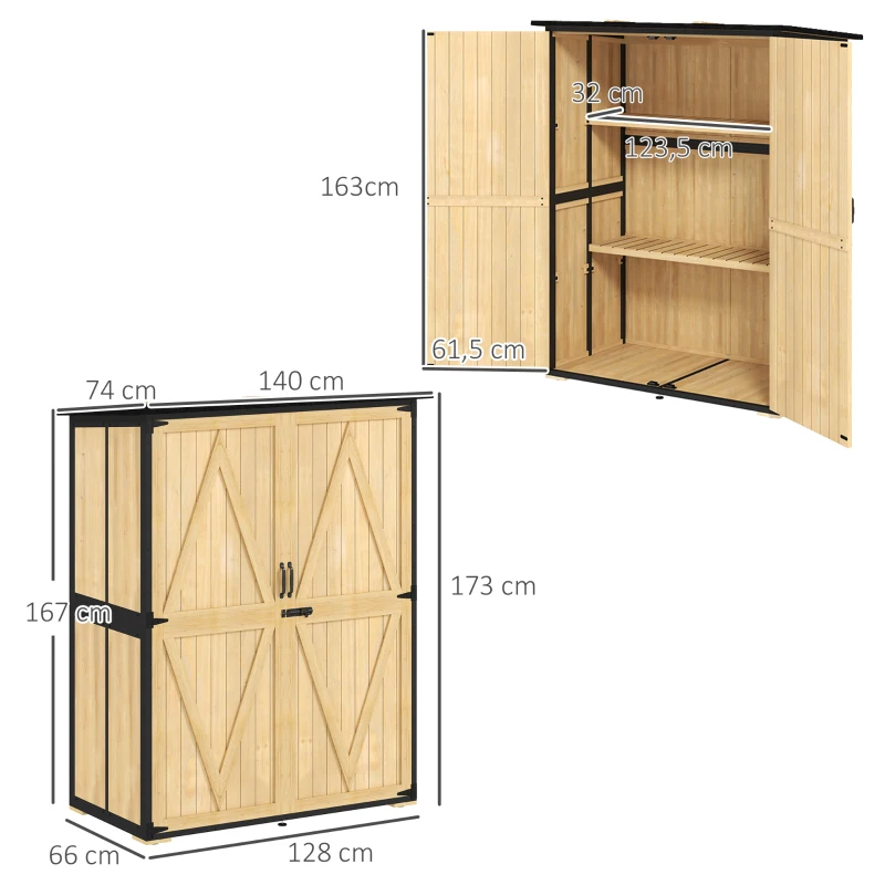 Outsunny Houten en Stalen Tuinkast, Buiten Gereedschapskast met Asfaltdak, 2 Planken, Afsluitbare Deuren, Natuurhout(m-3)