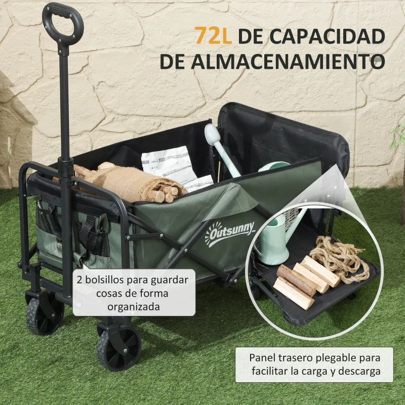 Outsunny Carro de Jardín Plegable con Mango Telescópico Ajustable Puerta Trasera Expandible para Campaña y Compra Verde