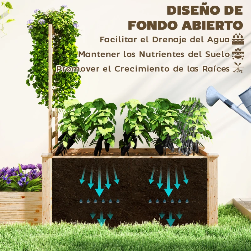Outsunny Jardinera Elevada con Celosía de Madera para Plantas Trepadoras y 2 Cajas de Cultivo  222x63x132 cm Natural