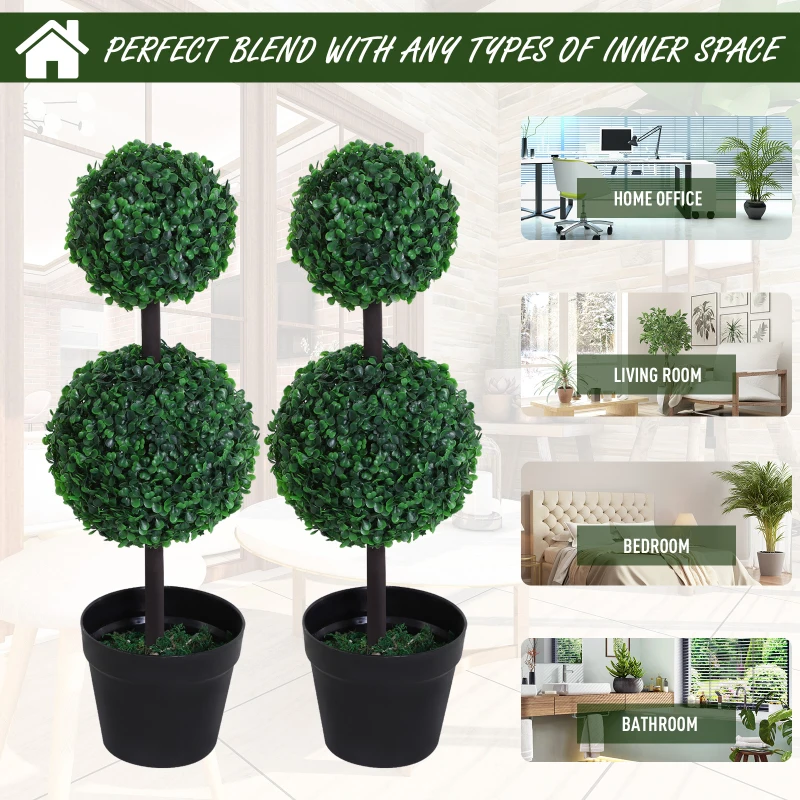 Outsunny Set of 2 Artificial Boxwood Ball Topiary Trees Potted Decorative Plant Indoor Décor (67cm)