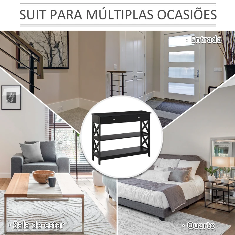 HOMCOM Consola de Entrada com 2 Gavetas e 2 Prateleiras Inferiores Mobiliário Moderno Base Elevada Anti-Inclinação 100x30,5x80 cm Preto