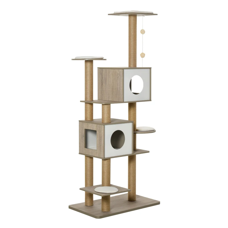PawHut Árvore Arranhador de escalada para gatos Altura de 177 cm com Plataformas Cavernas Almofada macia brinquedo de suspensão Postes de juta Branco e cinza claro