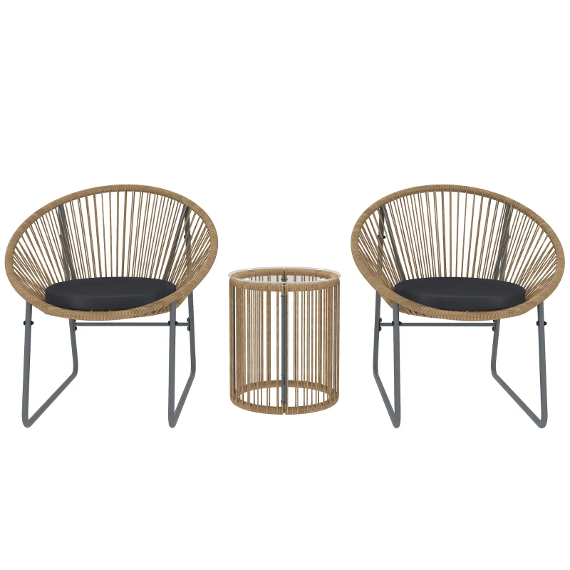 Outsunny Juego de 2 Sillas y Mesa de Ratán con Cojines Acolchados y Encimera de Vidrio para Balcón Terraza Natural