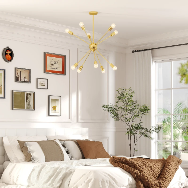 HOMCOM Lustra suspendata din metal auriu in stil Sputnik, Candelabru cu 10 lumini pentru bucatarie, sufragerie si dormitor, 65x65x78,5 cm