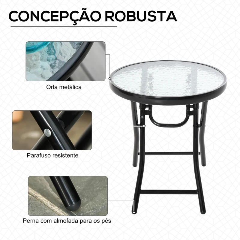 Outsunny Mesa dobrável redonda de vidro Mesa de jardim com fivela de segurança borda coberta de metal interno e externo Ø45x50 cm Preto
