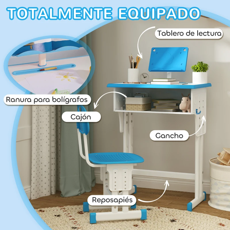 HOMCOM Juego de Escritorio y Silla Infantil de +6 Años Altura Ajustable con 1 Cajón y Estante para Libros 60x45x90-102 cm Azul