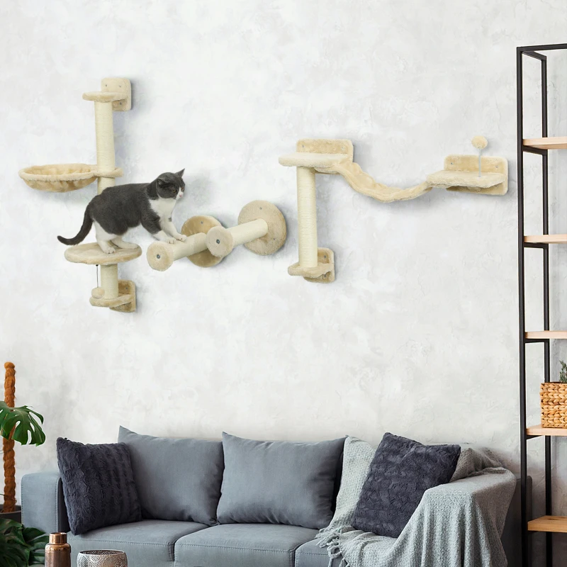 PawHut Juego de Escalada para Gatos de Pared 4 Piezas con Hamaca Bola Plataformas 84,5x19x54 cm Beige