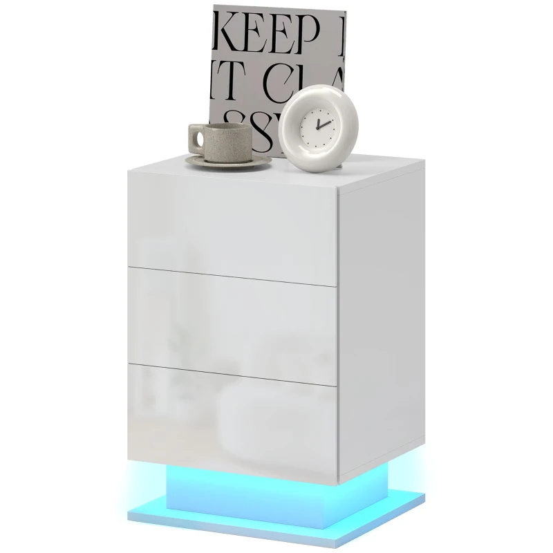 HOMCOM Mesita de Noche con LED RGB 3 Cajones y Mando a Distancia Diseño Moderno 40x35x60 cm Blanco Brillo