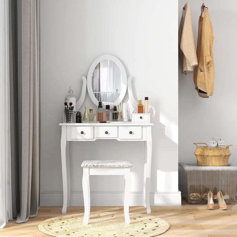 HOMCOM Toucador de Maquilhagem com Banco MDF e Madeira Maciça 80x40x140cm Branco